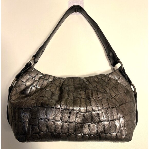 Simply Vera Wang Metallic Croc Embossed Shoulder Bag Black Strap Hobo Purse - Picture 2 of 10